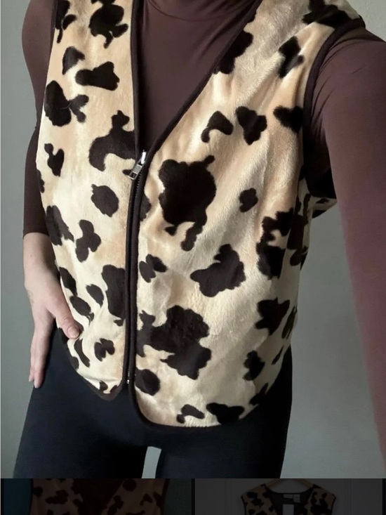 White Stag Jackets & Blazers - White Stag Beige & Dark Brown Faux Fur Cow-Print Zip Vest